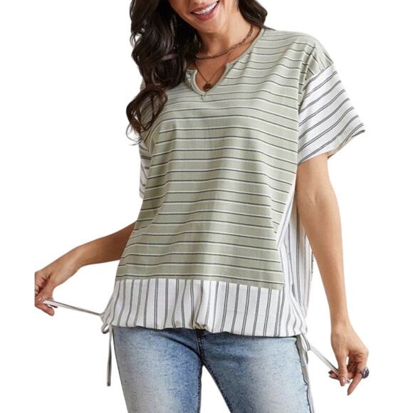 Suzanne Betro Tops - Suzanne Betro Weekend Green Stripe Side-Tie Tunic Top Short Sleeve S NWT